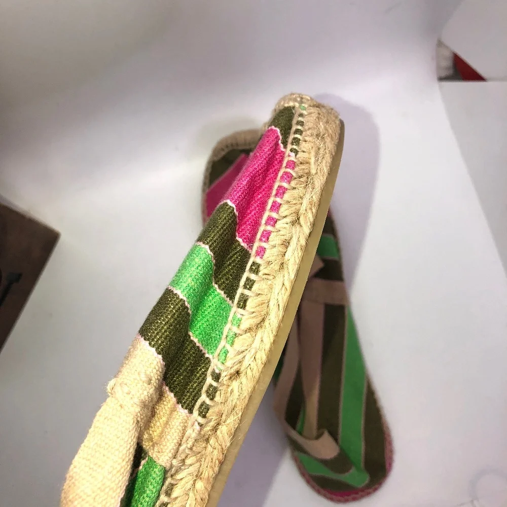 DIEGO Khaki, Pink Stripe Flat Slip On Espadrilles- UK 39/US?? *See Size Chart*